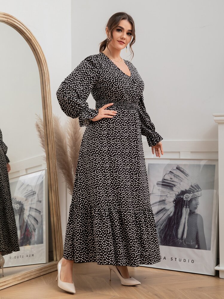 مقاس كبير فستان زهر ديزي اكمام منتفضة خصر مدرز حافة مكشكشة - أبيض وأسود - مشاهدة 6