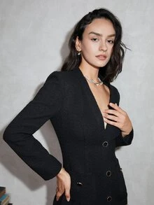 Đầm Túi Dày Nút phía trước màu trơn Thanh lịch - màu đen - Xem 5