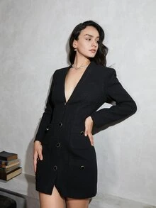 Đầm Túi Dày Nút phía trước màu trơn Thanh lịch - màu đen - Xem 6