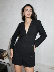 Đầm Túi Dày Nút phía trước màu trơn Thanh lịch - màu đen - Xem 3