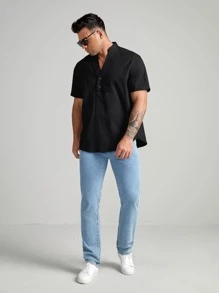 EASEVO Men Plus Half Button Curved Hem Shirt - Black - View 3
