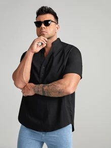 EASEVO Men Plus Half Button Curved Hem Shirt - Black - View 4