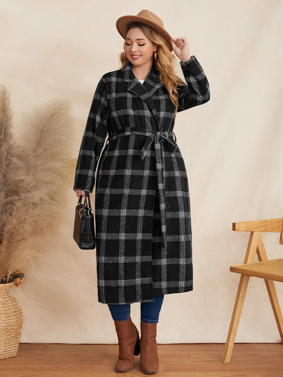 Plus Plaid Belted Overcoat - Black and White - View 1