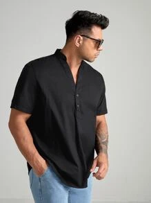 EASEVO Men Plus Half Button Curved Hem Shirt - Black - View 5