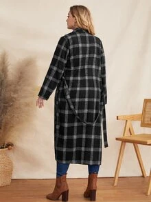 Plus Plaid Belted Overcoat - Black and White - View 2