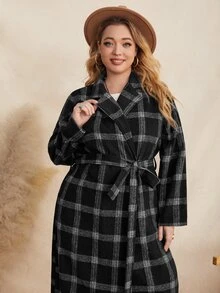 Plus Plaid Belted Overcoat - Black and White - View 3