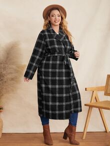 Plus Plaid Belted Overcoat - Black and White - View 4