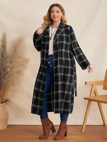 Plus Plaid Belted Overcoat - Black and White - View 5