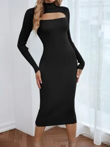 Modelyn Ladies áo len váy Cắt ra Gân đan màu trơn Giải trí - màu đen - Xem 3