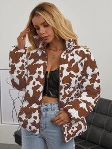 SHEIN Essnce Allover Print Zipper Padded Padded Coat Clothes Winter - Multicolor - View 5