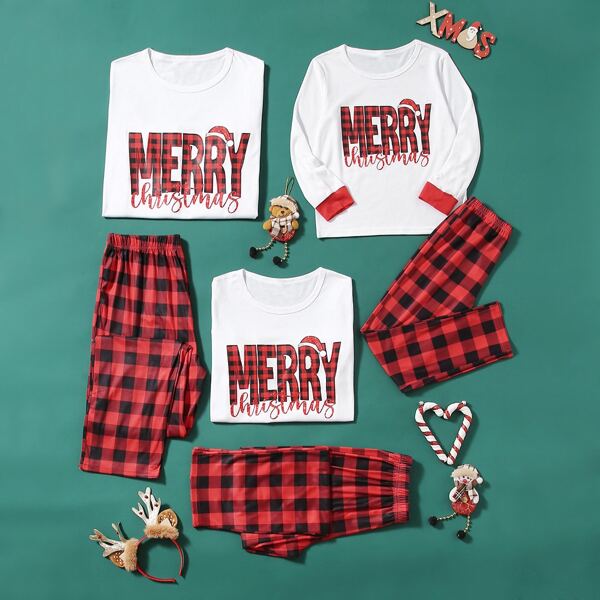 

1pc Christmas & Slogan Graphic Sleep Top & 1pc Buffalo Plaid Sleep Pants, Multicolor