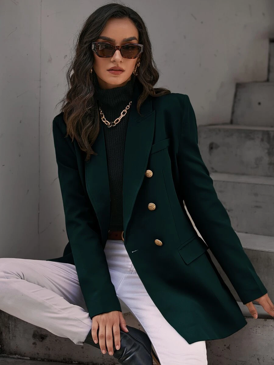 GENKIRA Solid Double Breasted Flap Detail Blazer Workwear  Fall Cloth For Women - Dark Green - View 1