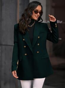 GENKIRA Solid Double Breasted Flap Detail Blazer Workwear  Fall Cloth For Women - Dark Green - View 3