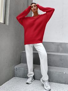 Suéter amplio tejido de canalé de hombros caídos - Rojo - Ver 5