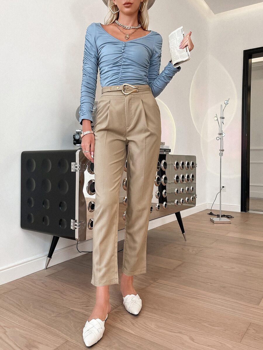 Sollinarry Solid Plicated Belted High Waist Pants - Khaki - View 1