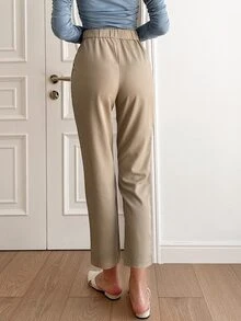 Sollinarry Solid Plicated Belted High Waist Pants - Khaki - View 2