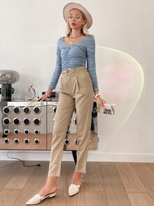 Sollinarry Solid Plicated Belted High Waist Pants - Khaki - View 3