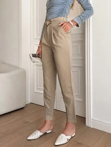 Sollinarry Solid Plicated Belted High Waist Pants - Khaki - View 4