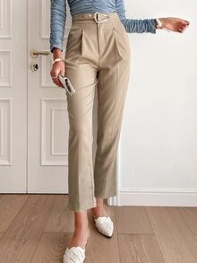 Sollinarry Solid Plicated Belted High Waist Pants - Khaki - View 6