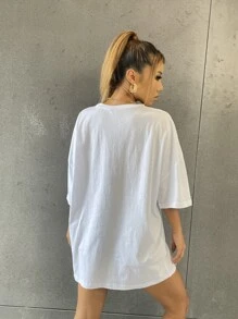SHEIN Unity Camiseta de hombros caídos con estampado de slogan y sol - Blanco - Ver 2