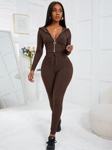 VaVaBold 羅紋針織金屬圓環拉鍊抽繩連帽衫和緊身打底褲