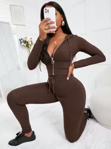 VaVaBold 羅紋針織金屬圓環拉鍊抽繩連帽衫和緊身打底褲