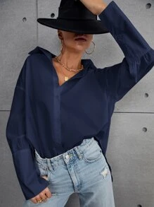 Áo sơ mi nữ Nút phía trước màu trơn Giải trí - Màu xanh hải quân - Xem 1