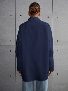 Áo sơ mi nữ Nút phía trước màu trơn Giải trí - Màu xanh hải quân - Xem 2