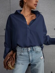 Áo sơ mi nữ Nút phía trước màu trơn Giải trí - Màu xanh hải quân - Xem 3