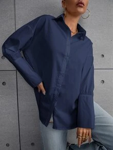 Áo sơ mi nữ Nút phía trước màu trơn Giải trí - Màu xanh hải quân - Xem 4