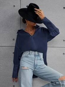 Áo sơ mi nữ Nút phía trước màu trơn Giải trí - Màu xanh hải quân - Xem 5