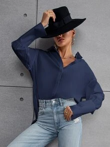 Áo sơ mi nữ Nút phía trước màu trơn Giải trí - Màu xanh hải quân - Xem 7