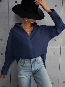 Áo sơ mi nữ Nút phía trước màu trơn Giải trí - Màu xanh hải quân - Xem 8