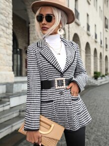 Houndstooth Contrast Binding Dual Pocket Tweed Overcoat Without Belt - Black and White - View 1