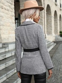 Houndstooth Contrast Binding Dual Pocket Tweed Overcoat Without Belt - Black and White - View 2