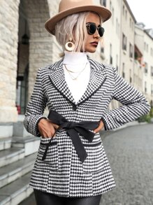 Houndstooth Contrast Binding Dual Pocket Tweed Overcoat Without Belt - Black and White - View 3