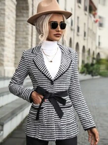 Houndstooth Contrast Binding Dual Pocket Tweed Overcoat Without Belt - Black and White - View 5