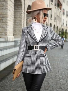 Houndstooth Contrast Binding Dual Pocket Tweed Overcoat Without Belt - Black and White - View 6