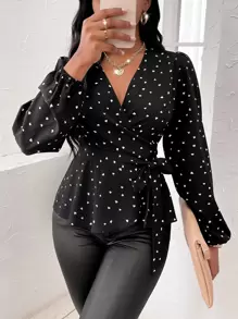SHEIN SXY Random Heart Print Surplice Neck Belted Blouse - Black - View 1