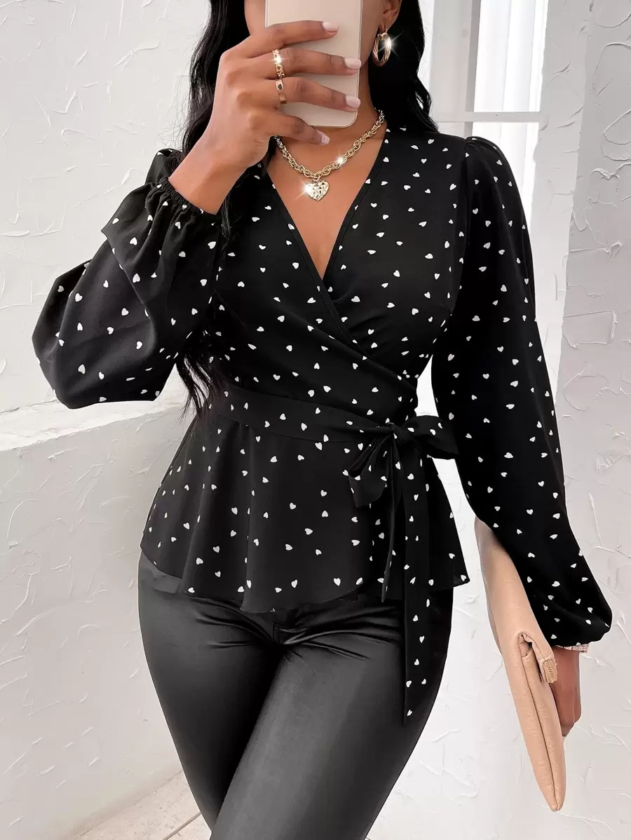 SHEIN SXY Random Heart Print Surplice Neck Belted Blouse - Black - View 1