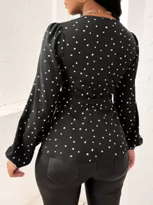 SHEIN SXY Random Heart Print Surplice Neck Belted Blouse - Black - View 2