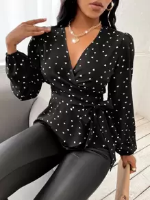 SHEIN SXY Random Heart Print Surplice Neck Belted Blouse - Black - View 3