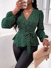 SHEIN Essnce 隨機斑點印花燈籠袖腰帶襯衫 - 綠色 - 查看 1