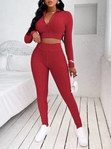 Honeycomb Textured Zipper Front Crop Top With Leggings - Red - View 1