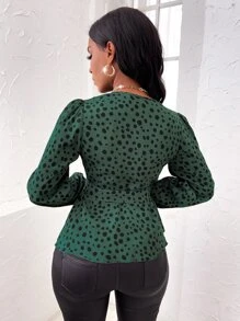SHEIN Essnce 隨機斑點印花燈籠袖腰帶襯衫 - 綠色 - 查看 2