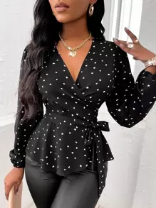 SHEIN SXY Random Heart Print Surplice Neck Belted Blouse - Black - View 5