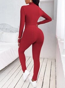 Honeycomb Textured Zipper Front Crop Top With Leggings - Red - View 2