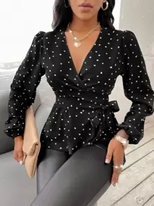 SHEIN SXY Random Heart Print Surplice Neck Belted Blouse - Black - View 6