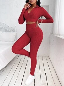 Honeycomb Textured Zipper Front Crop Top With Leggings - Red - View 3