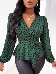 SHEIN Essnce 隨機斑點印花燈籠袖腰帶襯衫 - 綠色 - 查看 5